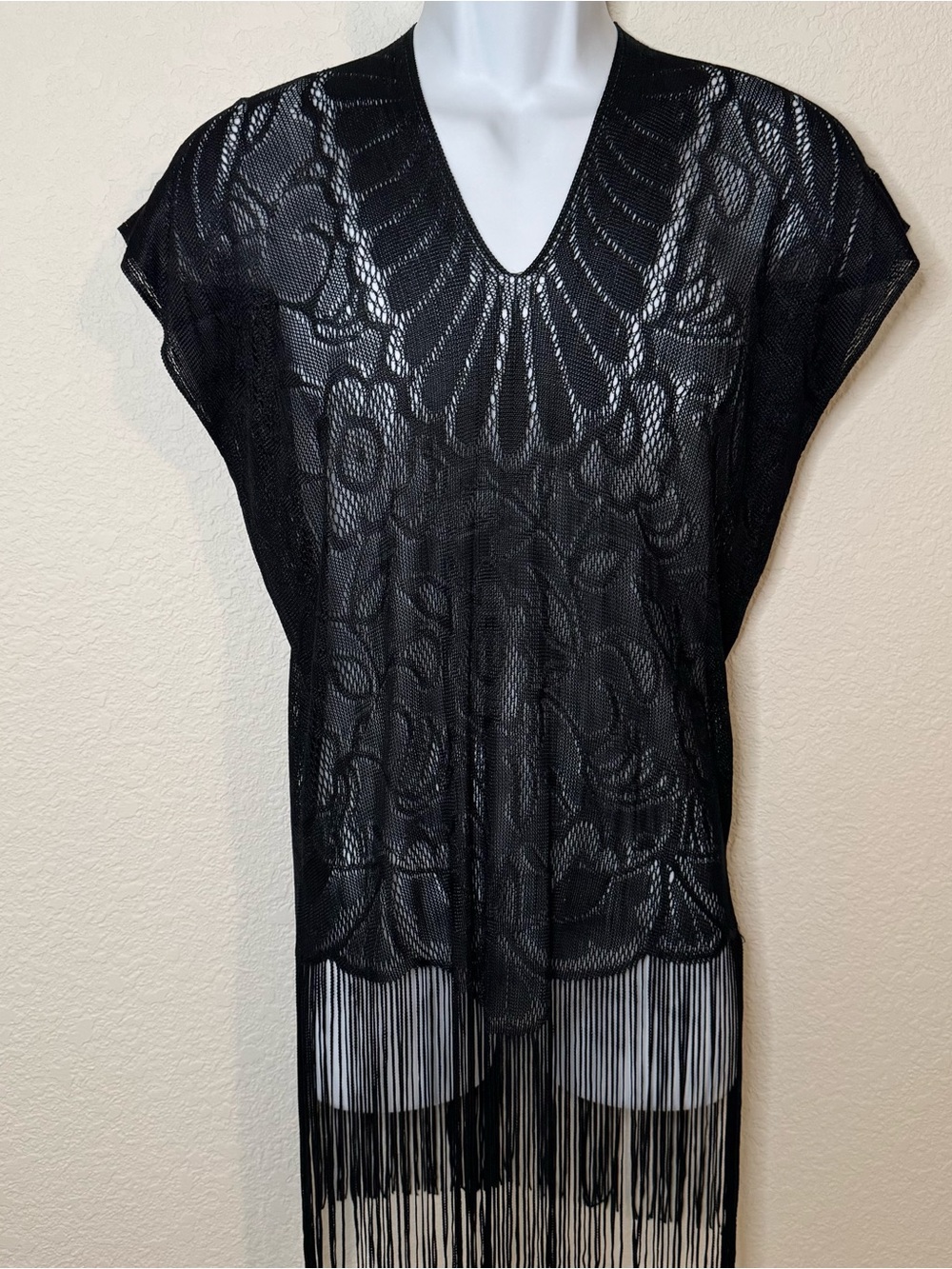 Black Fringe Crochet V-Neck Women's Top